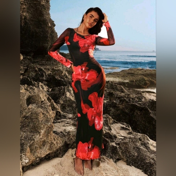 Holiday Outfits Floral Pattern Women Holiday Dress Sexy Party Prom Semi formal - Picture 3 of 4